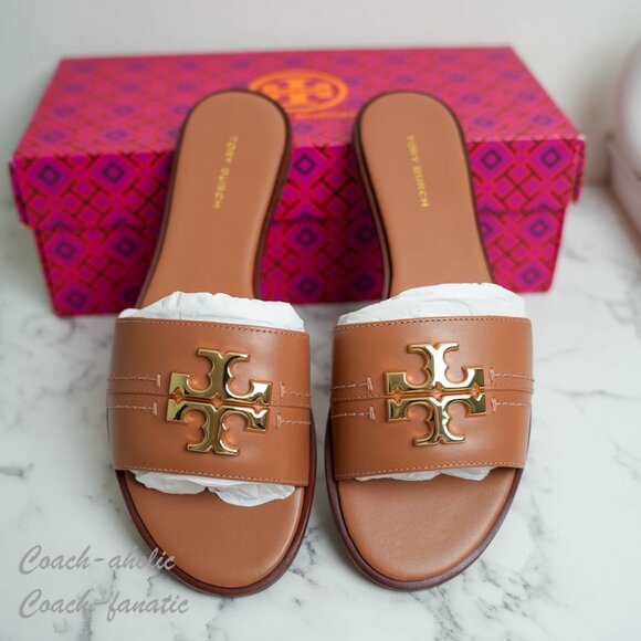 Tory Burch Everly Calf Leather Gold Logo Slide Sandals in Tan 60245 NIB - Picture 8 of 9